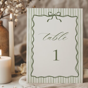 Green Stripe Wedding Table Number , Printable Classic Table Number, Sage Green Reception Decoration, Elegant Garden Wedding, Canva WC169