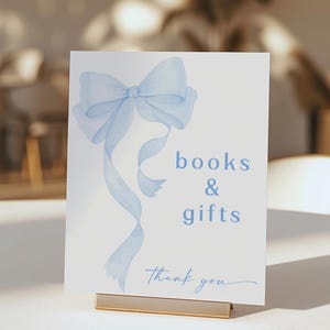 Editable Blue Bow Baby Shower Table Sign Template, Baby Boy Shower Table Sign, Blue Bow Table sign, Soft Blue Table Sign WC121