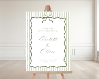 Green Stripe Wedding Welcome Sign: Elegant Garden Bridal Shower (Canva Template)