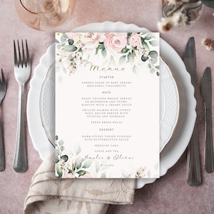 Dusty Pink Blumenhochzeitsmenü, Boho Blumen Event-Menü, Brautparty-Menü, High Tea Menü, DIY druckbares Menü WC111