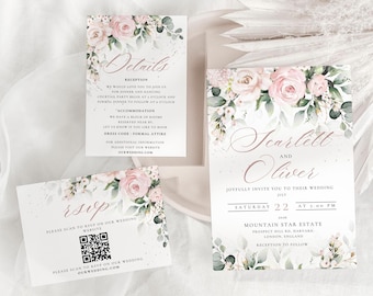 Blush Pink Floral Wedding Invitation Set: Boho Roses, Editable Canva Template (Digital Download)