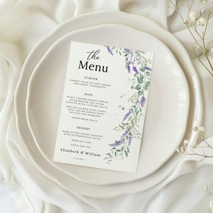 Szablon menu lawendowego, Szablon menu liliowego dzikiego kwiatu, Menu wydarzenia boho flowers, Menu wieczoru panieńskiego, Menu weselne, WC103