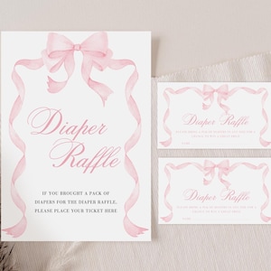 Pink Bow Diaper Raffle Card Printable, Soft Pink Baby Girl Baby Shower Game Template, Pink Coquette Bow Baby Shower Decoration, Canva WC118