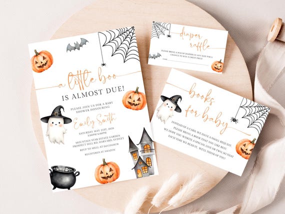 A Little Boo is Almost Due Baby Shower Invite, Editable Halloween Template Cute Ghost Digital Download, Little Boo Invitation, Canva WC173