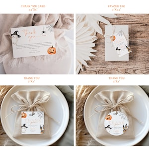 May include: Halloween-themed stationery set featuring a thank you card, favor tags, and gift bags. The designs include a witch, pumpkin, spiderweb, and the words "Thank You". The card measures 3.5" x 5".