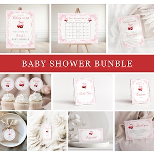 Cherry Baby Shower Invitation Bundle Printable, Cherry on Top Baby Girl Shower Games, Pink Coquette Bow Baby Shower, Canva Template WC170