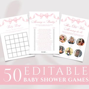 Pink Bow Baby Shower Games Bundle: 60 Printable Templates (Canva Digital Download)