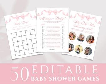 Pink Bow Baby Shower Games Bundle: 60 Printable Templates (Canva Digital Download)