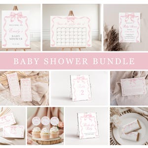 Pink Bow Baby Shower Invitation Bundle, Soft Pink Baby Girl Baby Shower Template, Pink Coquette Bow Baby Shower Decoration, Canva WC118