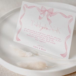 Editable Blush Pink Bow Baby Shower Thank You Card Template, Ribbon Bow Than you Cards, Soft Pink Baby Shower Thank You Card WC118