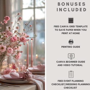 K&ouml;nnte beinhalten: Ein sch&ouml;n gedeckter Tisch mit rosa Blumen, Kerzen und Gedecken. Das Bild enth&auml;lt den Text "BONUSES INCLUDED" und listet kostenlose Canva-Vorlagen, Druckanleitungen und Checklisten f&uuml;r die Eventplanung auf.