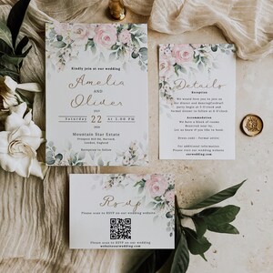 ピンクの結婚式招待状テンプレート、印刷可能な結婚式招待状、花柄の結婚式招待状、編集可能なテンプレート、バラの結婚式招待状 WC111