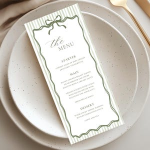 Green Stripe Wedding Menu Template, Printable Menu Card, Classic Menu, Sage Green Menu Card, Elegant Garden Wedding, Canva Template WC169