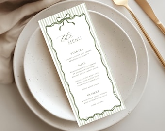 Sage Green Stripe Wedding Menu Template: Elegant Printable Canva Card (WC169 Digital Download