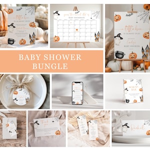 May include: A collection of Halloween-themed baby shower decorations. Includes invitations, a calendar, a welcome sign, place cards, and tags. Designs feature pumpkins, ghosts, bats, and spiderwebs. The text reads "Little Boo is Almost Due!" and "Baby Shower".