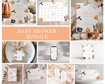 Op de afbeelding: Een verzameling Halloween-thema baby shower decoraties. Inclusief uitnodigingen, een kalender, een welkomstbord, naambordjes en labels. Ontwerpen bevatten pompoenen, geesten, vleermuizen en spinnenwebben. De tekst luidt "Little Boo is Almost Due!" en "Baby Shower".