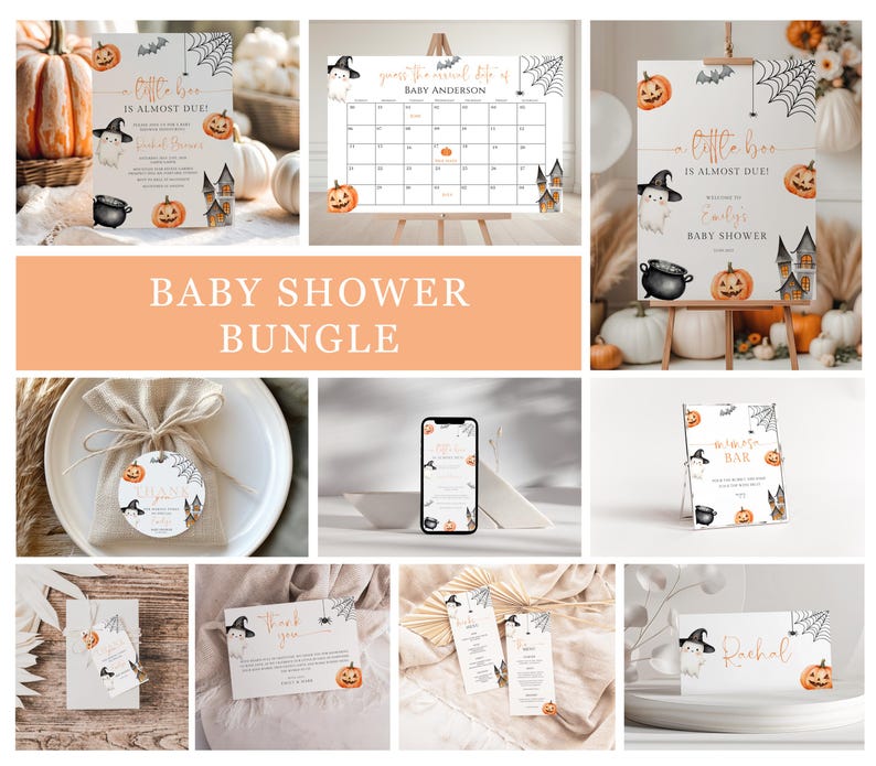 May include: A collection of Halloween-themed baby shower decorations. Includes invitations, a calendar, a welcome sign, place cards, and tags. Designs feature pumpkins, ghosts, bats, and spiderwebs. The text reads "Little Boo is Almost Due!" and "Baby Shower".