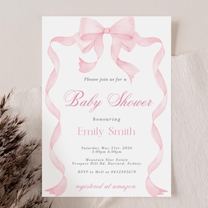 Roze lint babyshower uitnodiging sjabloon roze strik meisje babyshower Canva sjabloon roze coquette babyshower uitnodiging digitale download