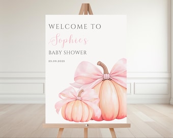 Pumpkin Baby Shower Welcome Sign, Fall Pumpkin Welcome, Pink Bow Pumpkin Baby Shower Welcome Sign, Canva Template, Digital Download W76