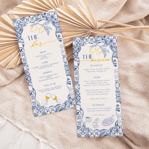 Editable Italian Summer Menu Template, Blue Citrus Wedding Menu, Main Squeeze Bridal Shower Menu, Blue Lemon Drinks Menu, Canva WC168
