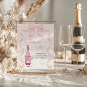 Pink Bow Mimosa Bar Sign, Mimosa Bar Sign and Juice Labels, Baby Shower Wedding Bridal Shower Cocktail Sign, Instant Download WC118