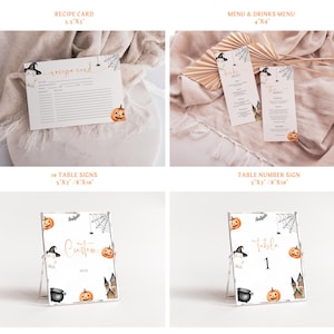 May include: A collection of Halloween-themed stationery, including recipe cards, menus, and table signs. The designs feature illustrations of pumpkins, ghosts, witch hats, and spiderwebs. The table signs are 5"x7" and 8"x10" in size.