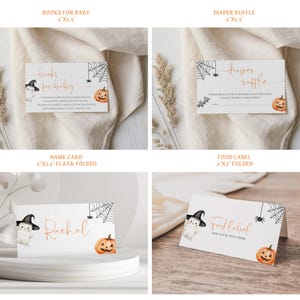 May include: Set of four Halloween-themed cards with illustrations of a ghost wearing a witch hat, a spider web, and a pumpkin. The cards include text for "Books for Baby", "Diaper Raffle", "Name Card", and "Food Label".