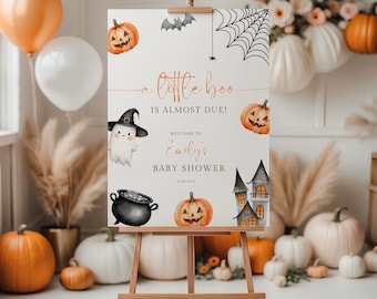 Halloween Baby Shower Welcome Sign, A Little Boo Is Almost Due Baby Shower Welcome Poster, Editable Ghost Baby Shower Welcome Sign