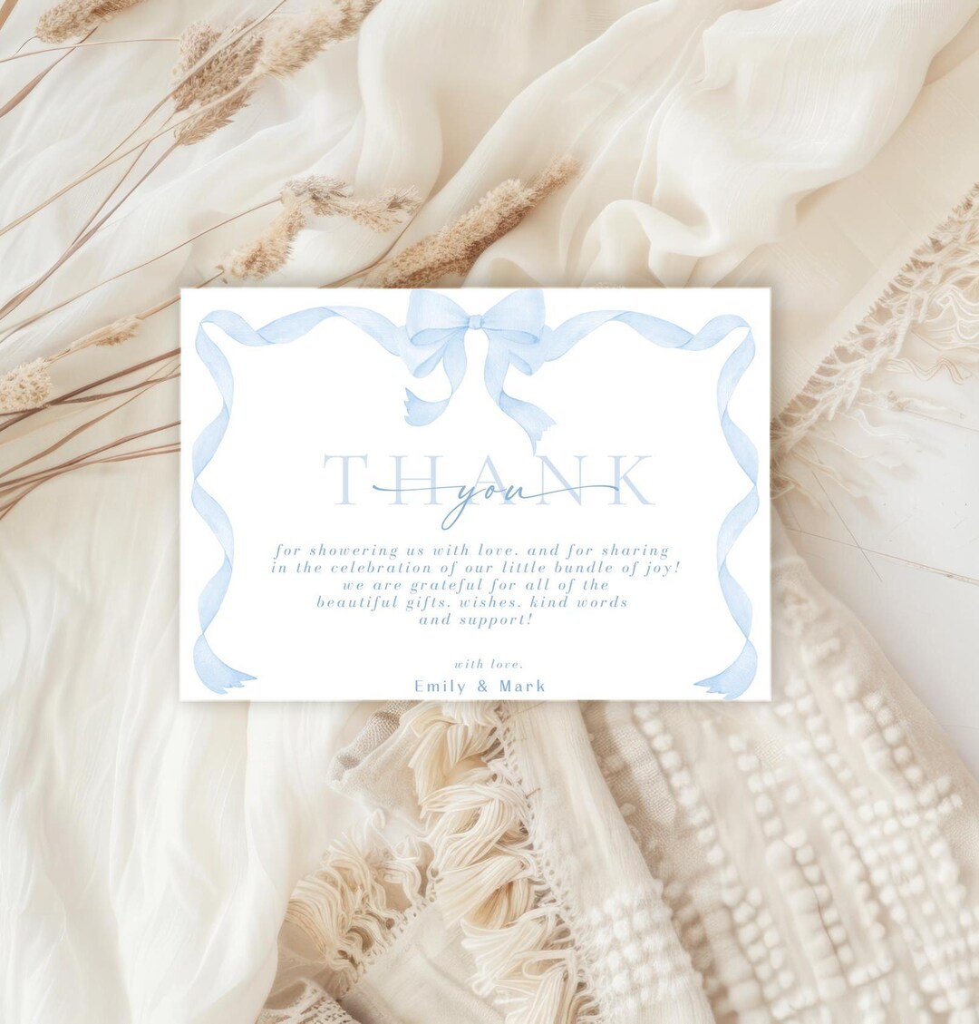 Blue Bow Baby Shower Thank You Card Template (digital Download) - Etsy