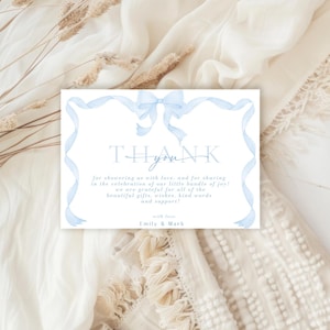 Modèle de remerciement pour baby shower avec noeud bleu, cartes de remerciements baby shower garçon, élégant baby shower bleu, carte de remerciement personnalisée baby shower WC121