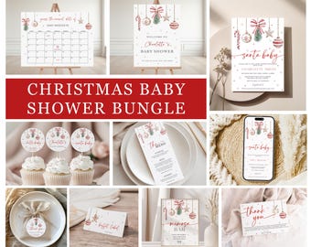 May include: A selection of Christmas baby shower decorations, including a calendar, welcome sign, invitation, cupcake toppers, menu, phone screen, favour bag, buffet label, mimosa bar sign, and thank you card. Text reads "Christmas Baby Shower Bundle".