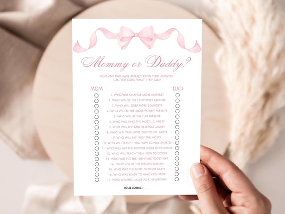 Pink Bow Baby Shower Game: Mommy or Daddy - Printable Canva Template (5x7, A4)