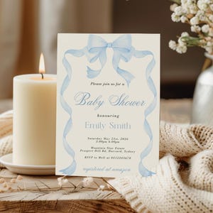 Blue Bow Baby Shower Invitation Template, Editable Invitation Baby Shower Boy, Elegant Blue Baby Shower, Custom Baby Shower, Canva  WC121
