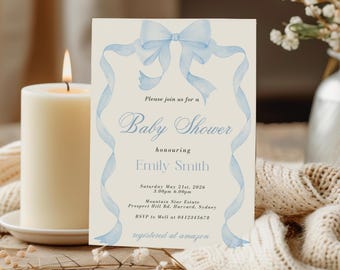 Blue Bow Baby Shower Invitation Template: Elegant Watercolor (Canva Editable)