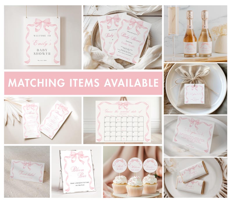 K&ouml;nnte beinhalten: Eine Sammlung rosa Babyparty-Dekorationen, darunter Einladungen, ein Willkommensschild, Cupcake-Topper und Gastgeschenkanh&auml;nger. Die Artikel zeigen ein rosa Schleifen- und Banddesign mit dem Text "Willkommen zu Emilys Babyparty".