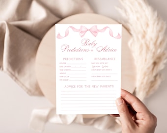 Pink Bow Baby Shower Game: Prediction Card, Advice (Canva Digital Template)