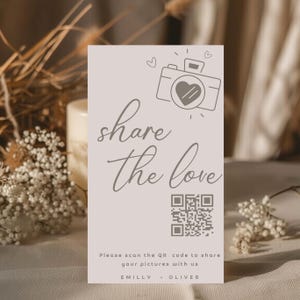 Erfassen Sie die Liebe Hochzeit QR-Code-Karte, Beige Hochzeitsfoto Zeichen druckbar, scannbare Foto teilen Zeichen, bearbeitbare druckbare Download WC137
