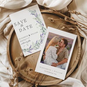 Invitación de reserva de fecha en color lavanda, invitación de flores silvestres lilas imprimibles, invitación digital en color lavanda, invitación de anuncio de boda en color violeta WC103