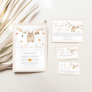 Editable Fall in Love Baby Shower Invitation Bundle, Fall Baby Shower Digital Invite Canva, Rustic Baby Clothes Line Printable Card WC174