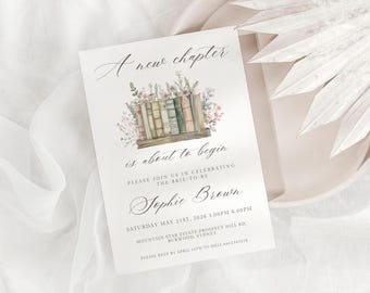May include: A white invitation card with elegant script that reads "A new chapter is about to begin." The card features a watercolor illustration of books and flowers. The invitation is for Sophie Brown's event.