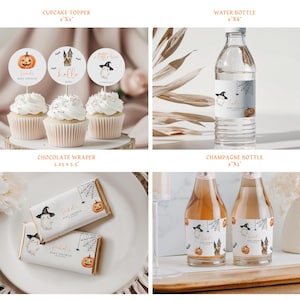May include: Halloween-themed party supplies, including cupcake toppers, water bottle labels, chocolate wrappers, and champagne bottle labels. Designs feature a pumpkin, a haunted house, a ghost, and spiderwebs.