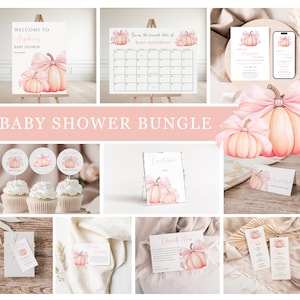 Pink Pumpkin Baby Shower Invitation Bundle: Editable Canva Template (Digital Download)