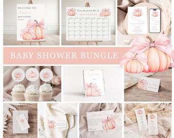 May include: A baby shower bundle featuring a welcome sign, calendar, invitations, cupcake toppers, and thank you cards. The design includes watercolor pumpkins with pink bows and the text "Welcome to Sophie's Baby Shower".