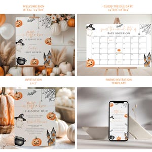 May include: Halloween-themed baby shower decorations. Includes a welcome sign, a calendar for guessing the due date, an invitation, and a phone invitation template. The designs feature pumpkins, bats, spiderwebs, and a ghost wearing a witch hat.