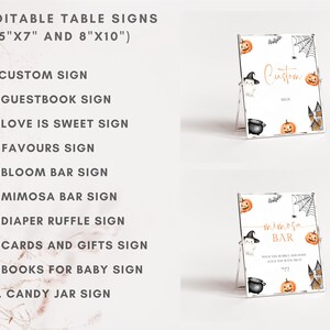 May include: Two Halloween-themed table signs with a white background, featuring pumpkins, bats, spiderwebs, and a haunted house illustration. One sign says "Custom" and the other says "Mimosa Bar". The signs are 5"x7" and 8"x10".
