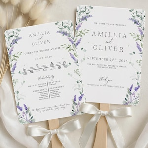 Wildflower Wedding Program Fan Printable Lavender Program Fans Wedding Timeline Program Ceremony Fan Wedding Order of Events Canva WC103