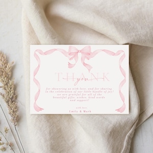 Editable Blush Pink Bow Baby Shower Thank You Card Template, Ribbon Bow Than you Cards, Soft Pink Baby Shower Thank You Card WC118