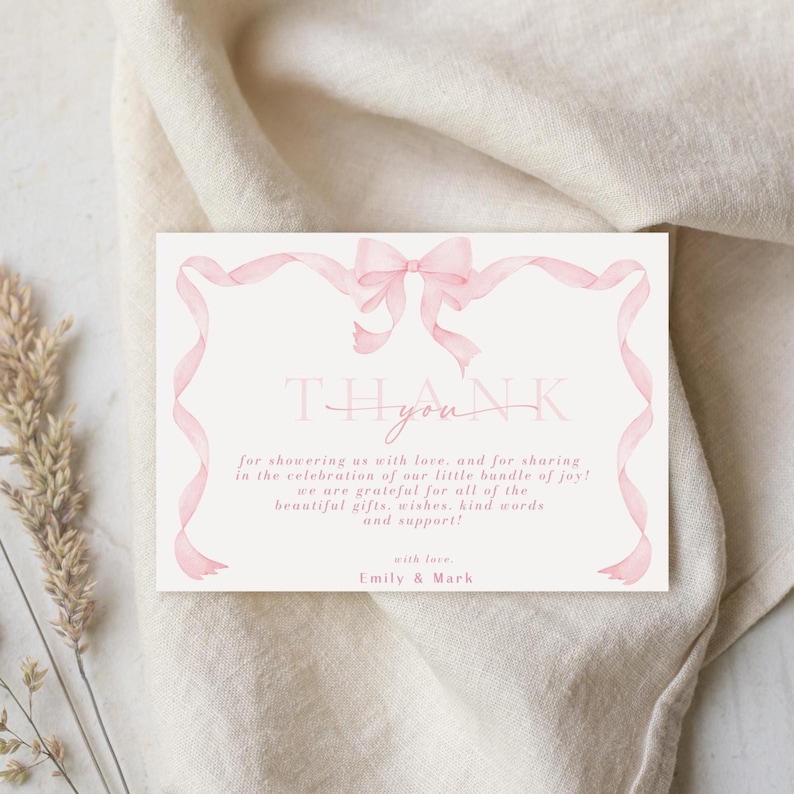 Pink Bow Baby Shower Thank You Card Template, Ribbon Bow Than You Cards ...
