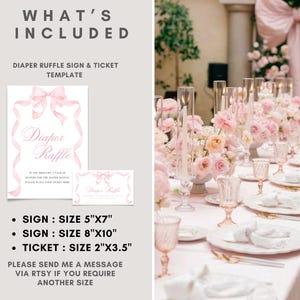 K&ouml;nnte beinhalten: Ein Windel-Tombola-Schild und Ticket-Vorlage mit rosa Schleifendesign. Die Schildergr&ouml;&szlig;en sind 12,7 cm x 17,8 cm und 20,3 cm x 25,4 cm, und die Ticketgr&ouml;&szlig;e ist 5,1 cm x 8,9 cm. Das Bild zeigt auch einen wundersch&ouml;n dekorierten Tisch mit rosa Blumen und eleganten Gedecken.