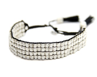 Silver Beaded Macrame Bracelet- woven beaded bracelet with sterling silver beads and tassels. Thick silver beaded bracelet by jenny present.